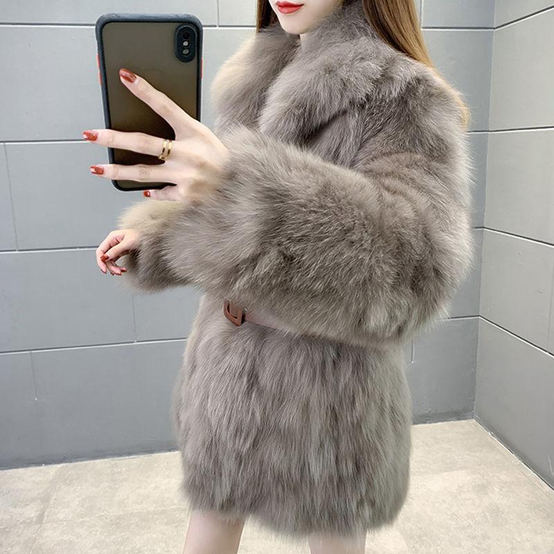 Winter Women's Coat with Imitation Fox Fur Haining Mid-length Fur Coat