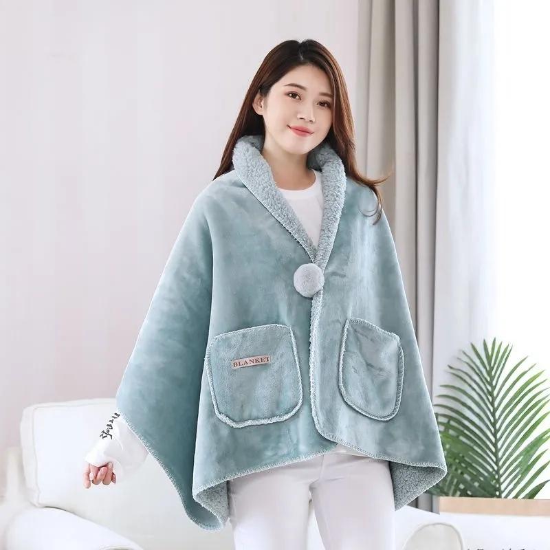 Autumn  Winter Multi functional Shawl Blanket Office Nap Blanket Thick Flannel Lamb Wool Blanket Knee Blanket Fur Ball Pocket Mantle Shawl