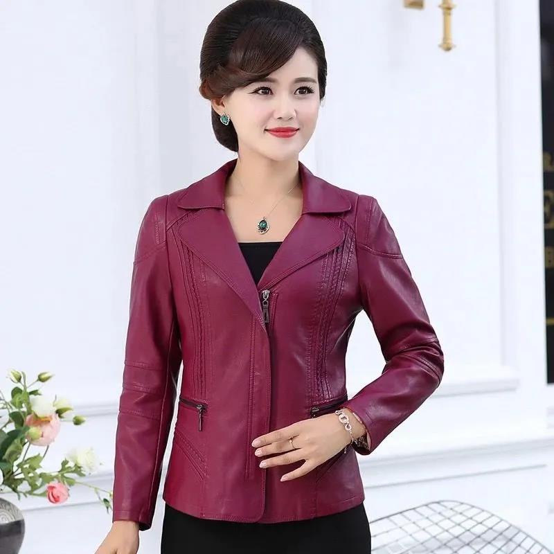 Autumn and Winter Leather Jacket Korean Style Slim V-neck Motorcycle Leather Jacket Thickened Warmth Short Leather Jacket for Women