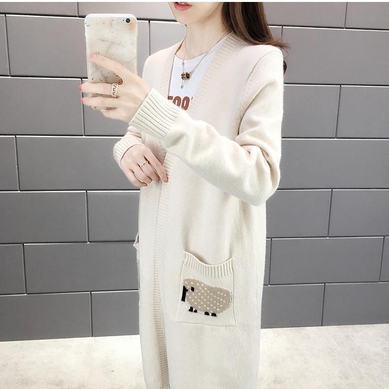 Fashion Coat Autumn and Winter Mid-length Pocket Sweater Solid Color Long-sleeved Loose Cardigan