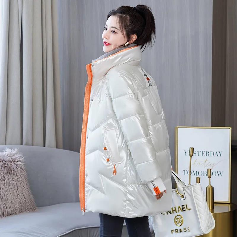 Down Cotton Jacket Winter Loose Korean Color Shiny Face-free Collar Mid-length Cotton Jacket Women
