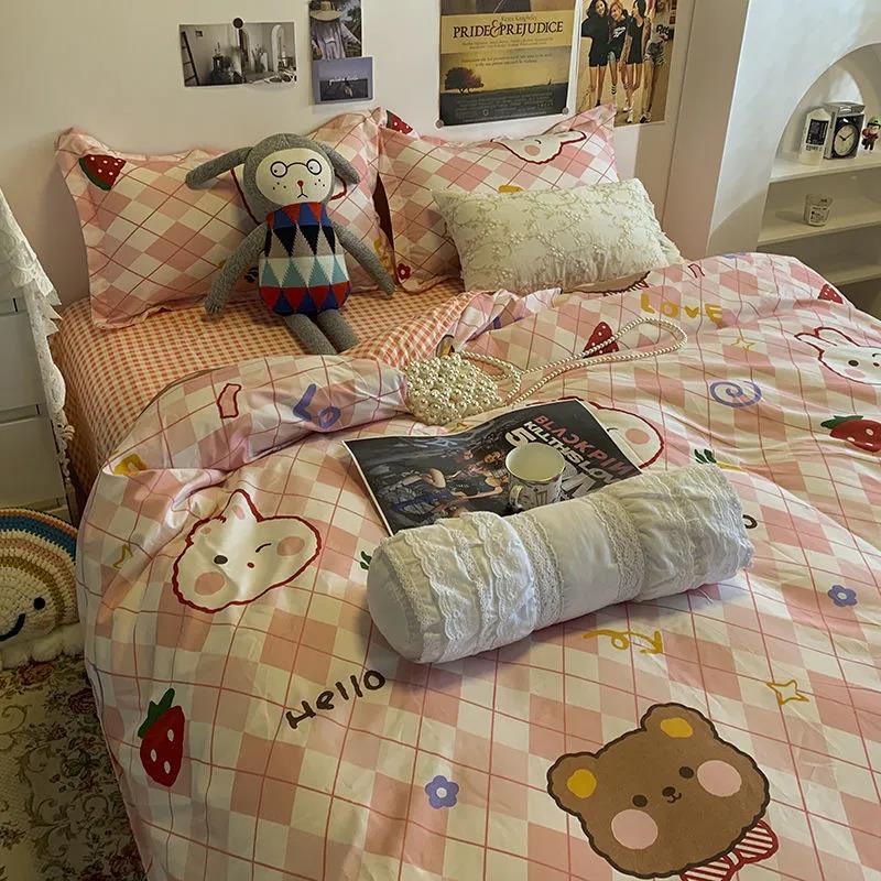 Simple Spring and Summer Love College Style Four-piece Bedding Set for Student Dormitory Blue Duvet Cover Four-piece Set