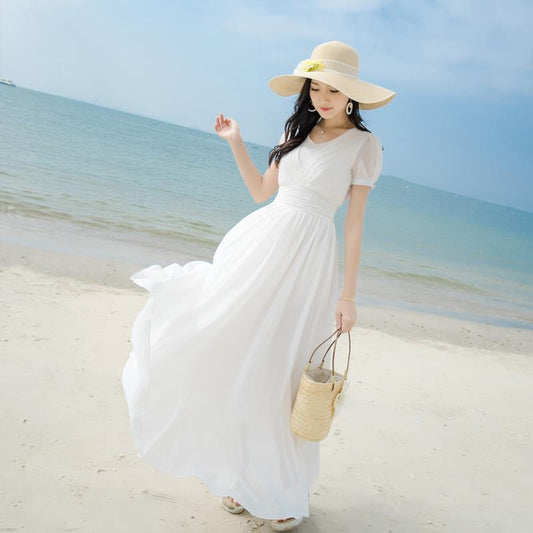 Summer Dress Long Skirt V-neck Chiffon Self-cultivation Women's Bohemian Beach Skirt Fairy Skirt Fabric Light and Breathable Large Skirt