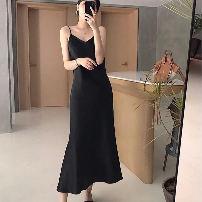 Women's Mid-length Slim Base Sleeveless Dress Pure Color Sexy Shiny Premium Texture Satin Silky Suspender Skirt