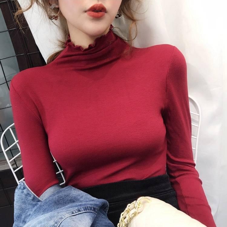 Women Winter Knitwear Ruffles Turtleneck Slim Bottoming Sweater Solid Color Pullover Jumper
