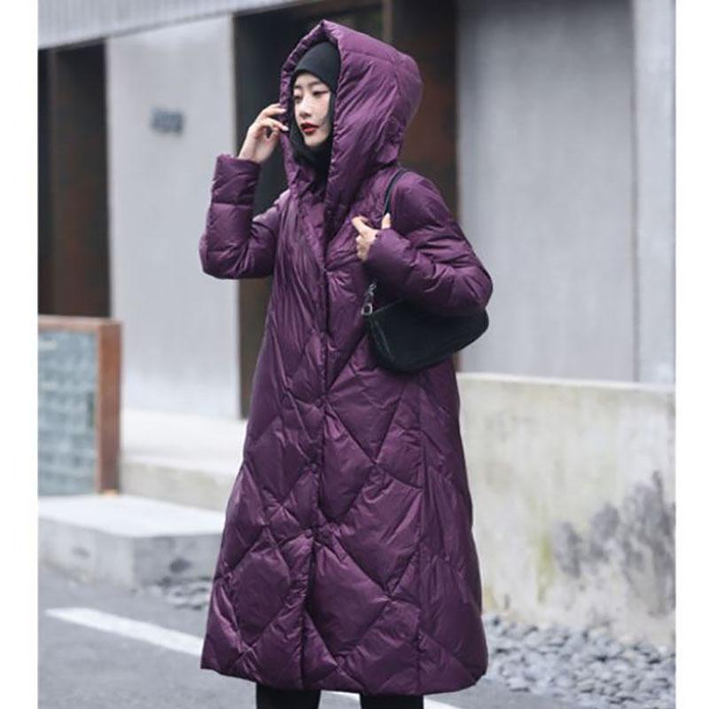 Long Down Jacket Winter Women's Art and Leisure Loose Hooded Jacket Large Size Thickened Warmth and Long Over-the-knee Jacket
