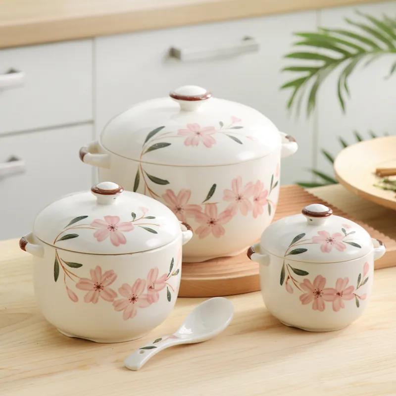 Chinese Style Underglaze Cherry Blossom Ceramic Soup Cup, Steamed Egg Pot, Water-proof Soup Pot with Lid