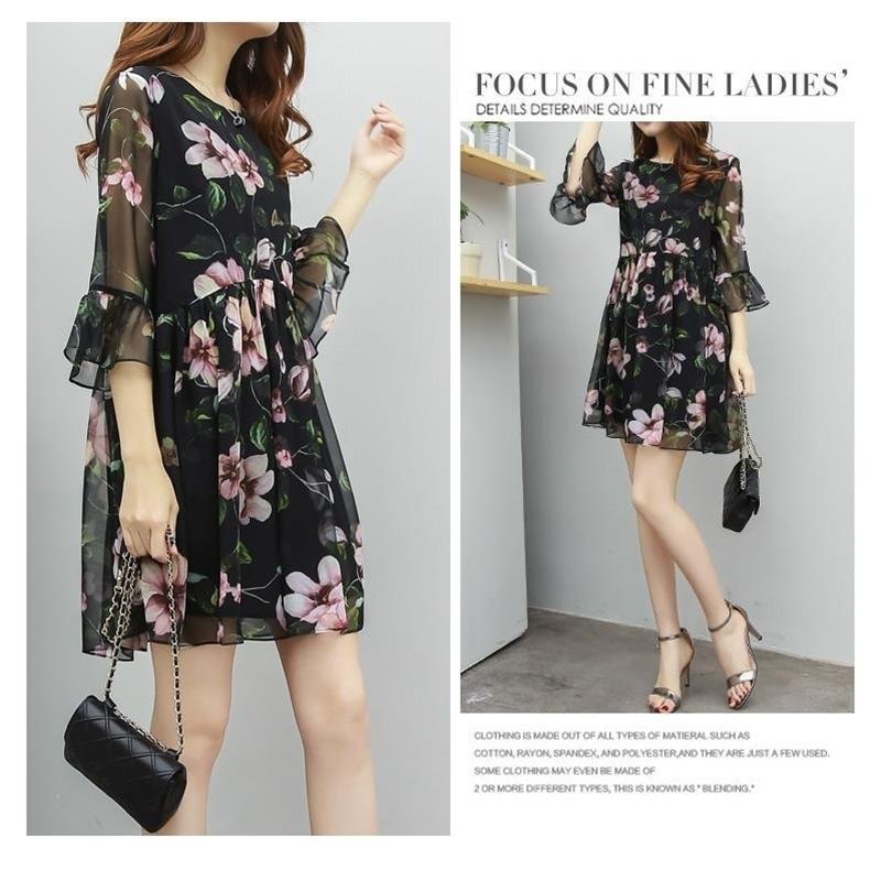S-XXXXXL Chiffon Dress Loose Large Size Round Neck Flared Short Sleeve Summer Middle-aged Women's Dress
