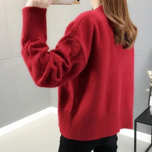 Autumn and Winter Loose Solid Color V-neck Sweater Long-sleeved Knitted Cardigan Jacket All-match Top