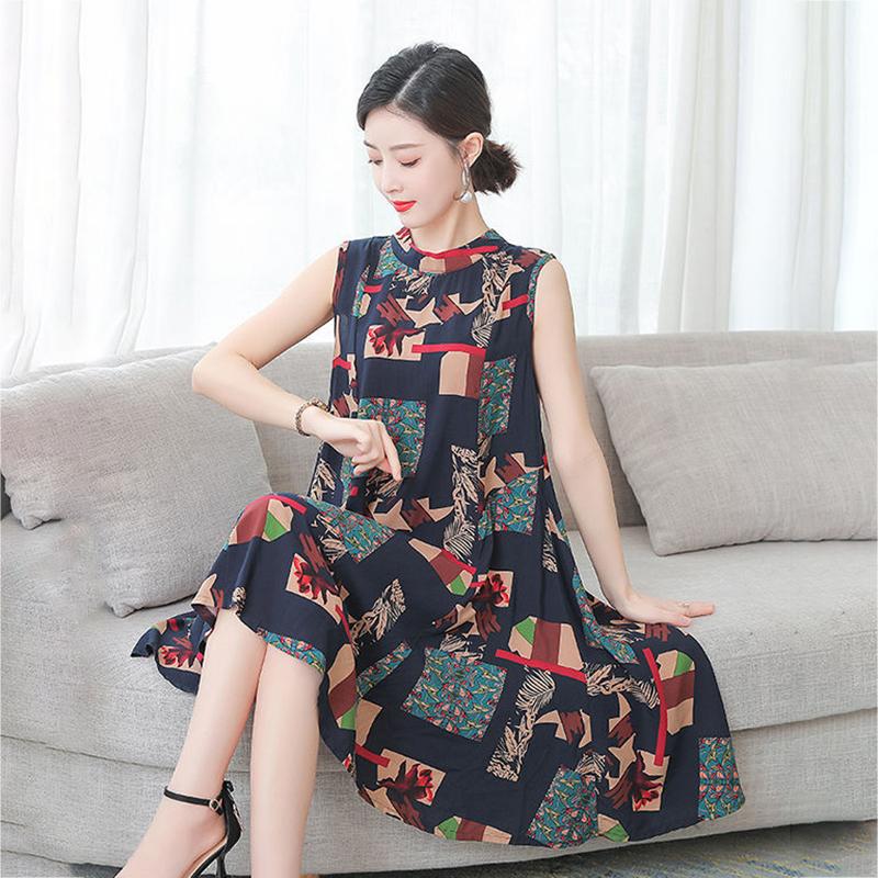 Women Cotton Silk Dress Summer Mother Sleeveless Mid-length Loose Large Home Night Skirt Beach Skirt