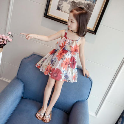 Children's Dress Korean Summer Girl's Lovely Dress Baby Flower National Style Suspender A-line Skirt