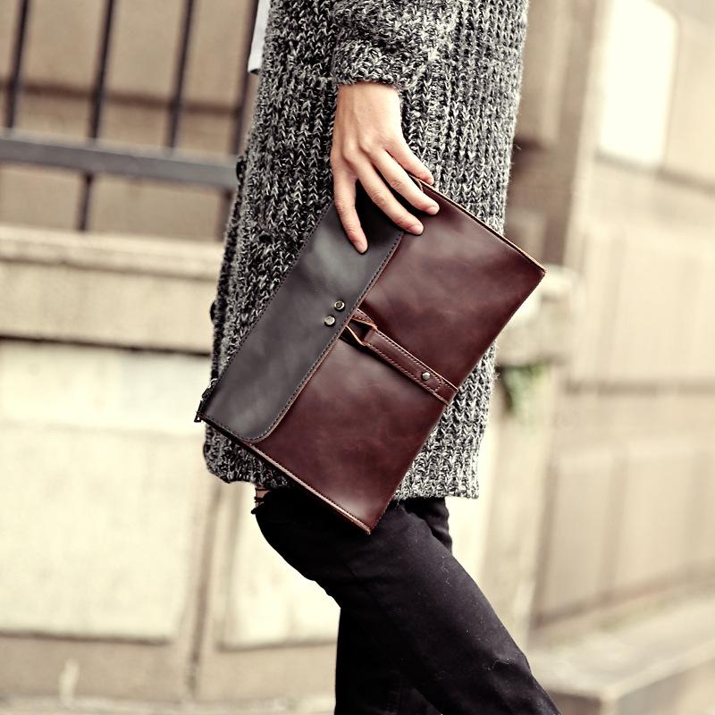 Business Briefcase Men Retro Contrast Zipper Waterproof IPad Handbag Shoulder Bags Computer Bag