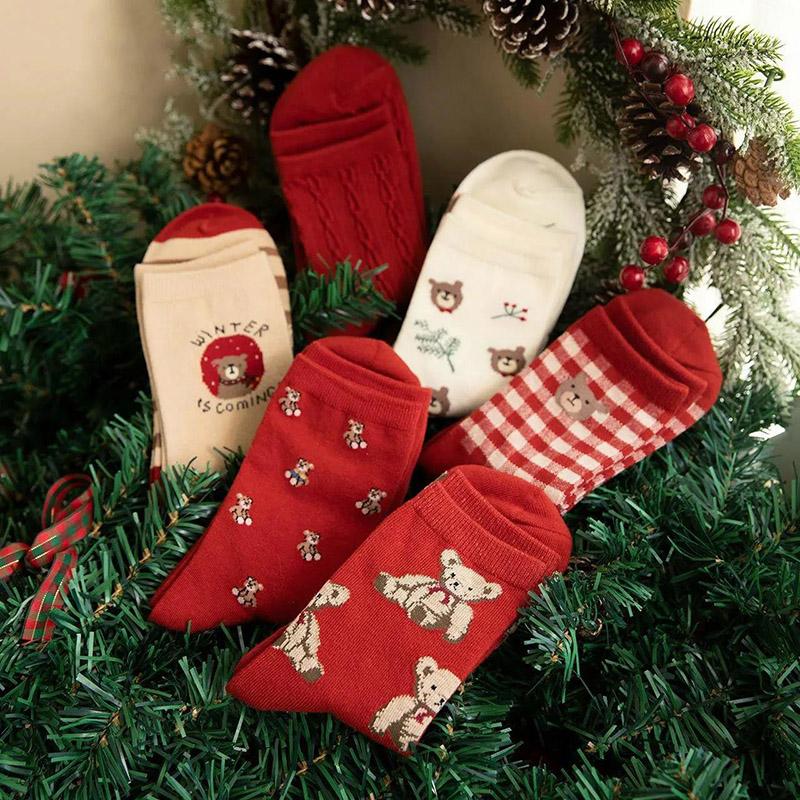 Socks Winter Christmas Elk Tree Pattern Thicken Warm Women's Red Pure Cotton Cute Stockings