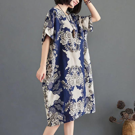 Summer Retro Print Dress Women's Bat Sleeve Loose Round Neck Long Dress