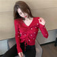 V-neck Slim Long-sleeved Knitted Bottoming Shirt Women Thickened Autumn and Winter Drawstring Ladies Sweater Top