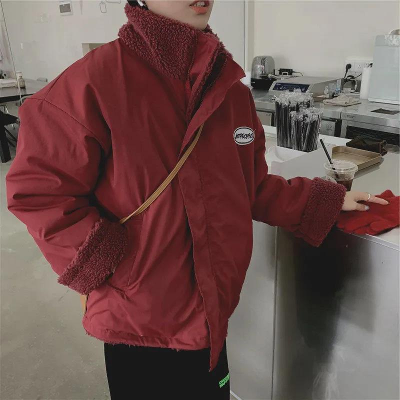 Double-sided Lamb Velvet Jacket Winter Ladies Korean Version of Loose Stand-up Collar Thick Jacket Suitable for Young Women