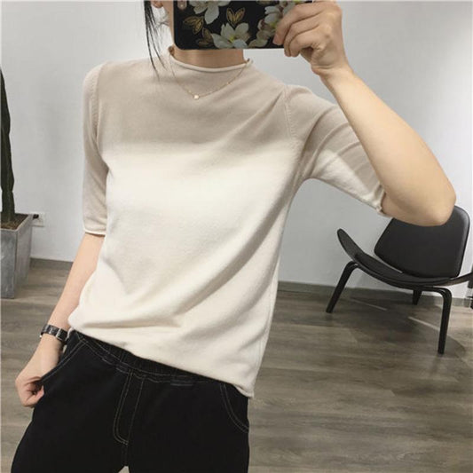 Core Spinning Spring and Autumn Loose Bottoming Shirt Short Long Sleeve Casual Knitted Sweater Women Half High Collar