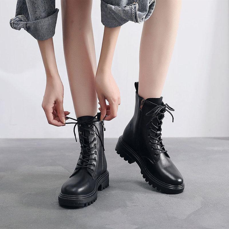 Waterproof Genuine Leather Boots Female British Style Autumn  Winter Chunky Heel Boots Plus Velvet Ankle Boots Outdoor Working Boots