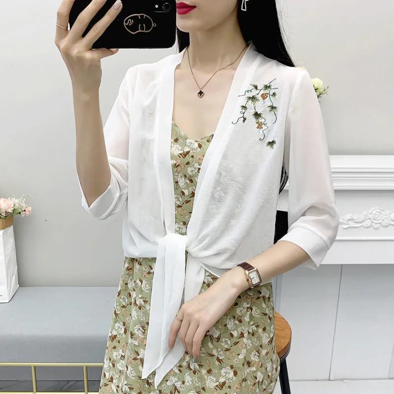 Flower Pattern Embroidery Women's Short Sun Protection Clothing Summer Chiffon Shawl Cardigan Thin