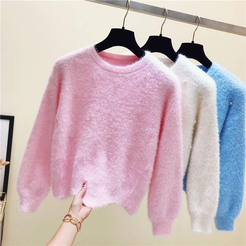 Pofulove 8 Colors Cute Long Latern Sleeve Knitted Shirt O-neck Loose Blouse Simple Color Sweaters
