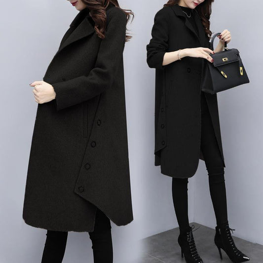 Womens Winter Turn-down Collar Lapel Wool Cashmere Coat Trench Jacket Long Parka Overcoat Outwear