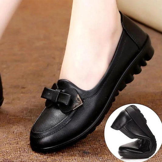 Leather Shoes Bow Shallow Mouth Women's Shoes Middle-aged and Elderly Flat Non-slip Single Shoes Women's Leather Shoes