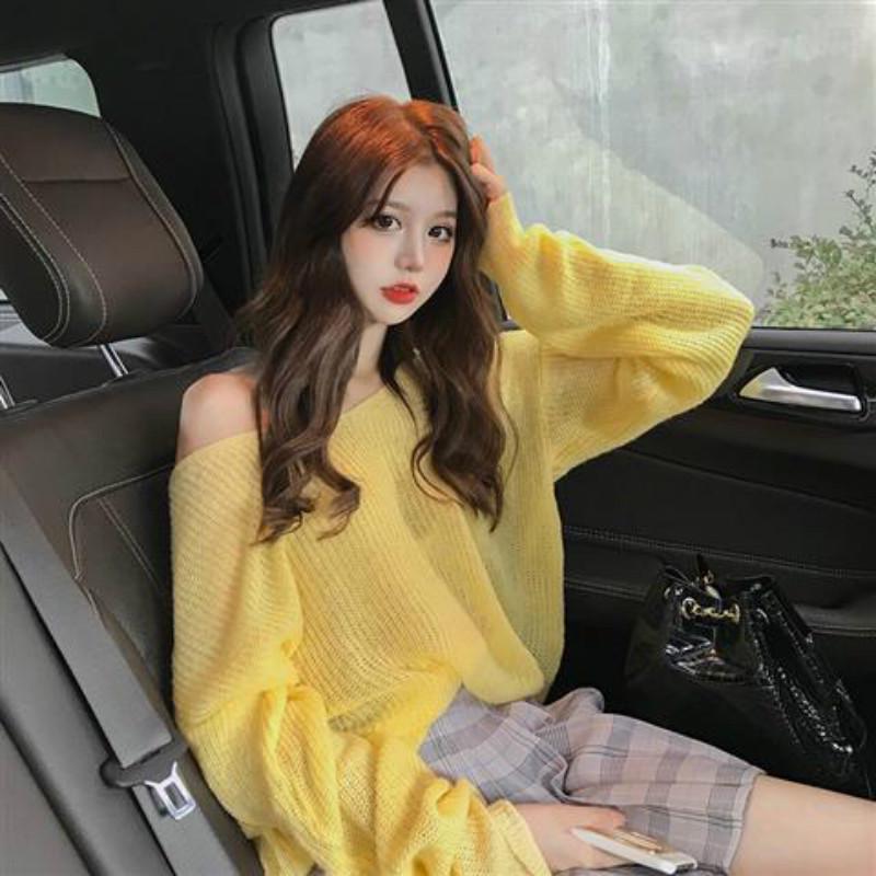 Pofulove Winter Girl Thin Lazy Wind Loose Hollow Sweater Long Sleeve Pullover Retro Bottoming Shirt