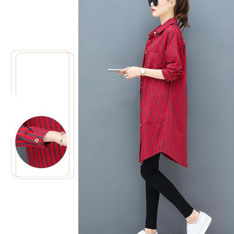 Women's Long-sleeved Striped Shirt Loose Casual Plus Size Mid-length Blouse