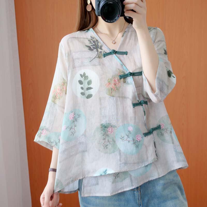 Large Size Shirt Women's Retro Loose Ethnic Style Top Printing Slanted Placket Button V-neck Irregular Shirt