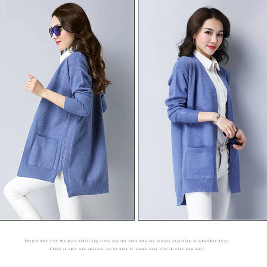 Spring and Autumn Mid-length Knitted Sweater Cardigan Solid Color All-match Top Long Sleeve Loose Women's Jacket