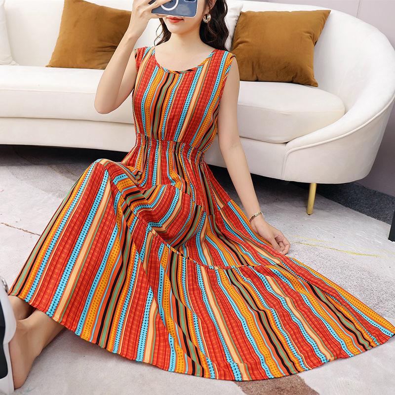 Women Ethnic Print Dress Summer Bohemia Round Neck  Sleeveless Cotton Silk Loose High Waist Vest Beach Skirt
