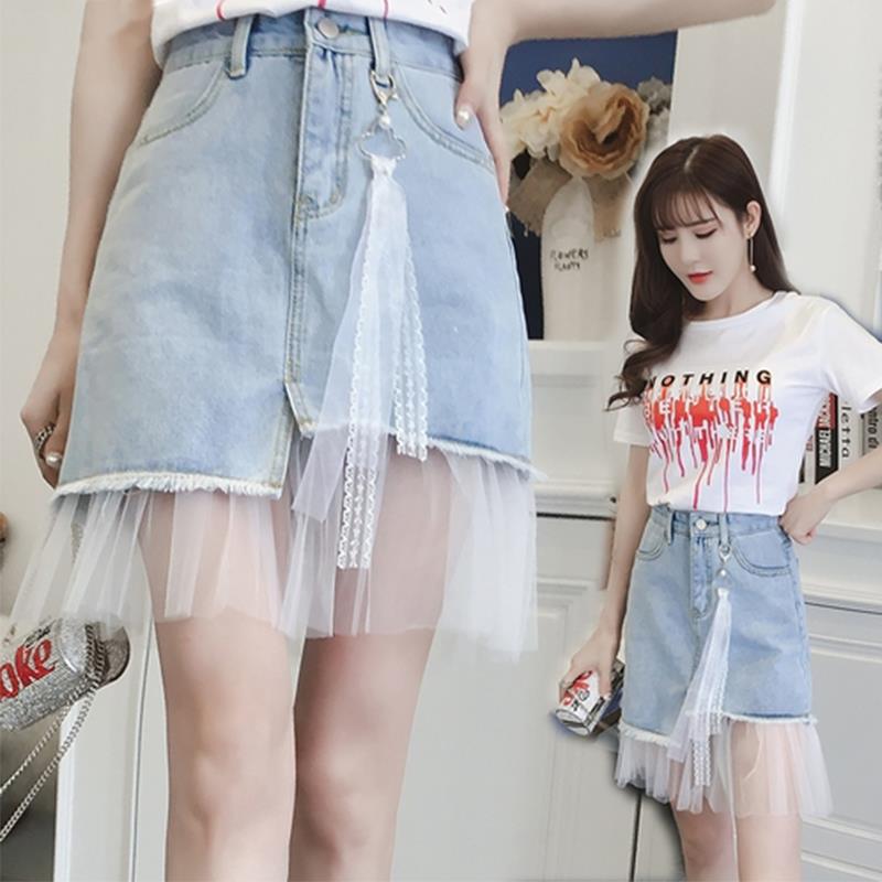Women Summer Denim Stitching Mesh Tassel Irregular Short Skirt Vintage Slim Elegant Streetwear A-line Casual Skirt