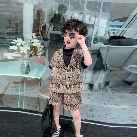 Boy's Summer Suit Literary Print Baby Short-sleeved Cotton Korean Version of Children's Summer Children's Fashion Summer Children's Clothing