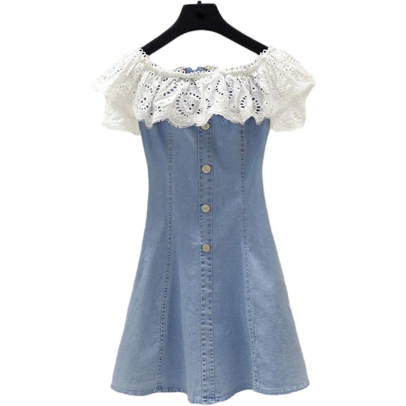 Spring and Summer  Women's Denim Dress Lace Sleeveless Sexy Short Sleeve Above The Knee Daily Wear Office Dating Party