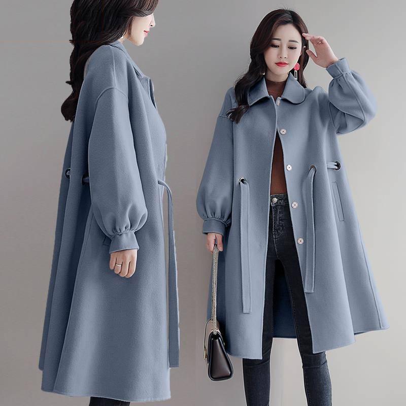 Womens' Winter Wool Long Coat with Woolen Coat Side Pocke Lantern Sleeve Long Jacket Trench Coat