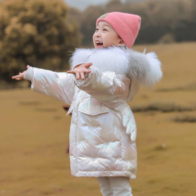 Girls' Warm and Windproof Down Jacket Children's Clothing Plus Velvet Mid-length Thickened Shiny Coat