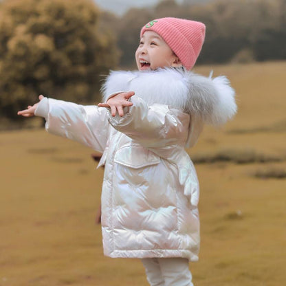 Girls' Warm and Windproof Down Jacket Children's Clothing Plus Velvet Mid-length Thickened Shiny Coat