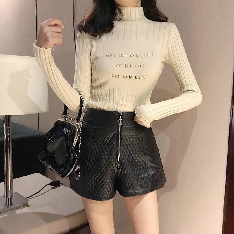 PofuLove Hedging Half Turtleneck Letter Sweater Female Korean Slim Thin Student Knitting Undershirt