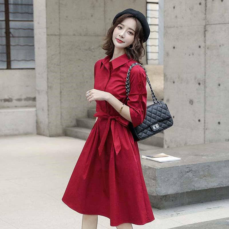 Spring Summer Women's Shirt Dress Mid-length Skirt Ladies Professional Wear All-match Long-sleeved Solid Color Dress