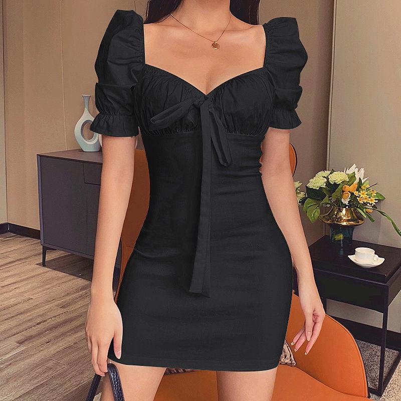Retro Square Collar Dress Female Summer New Slim Slimming Bow Temperament Bubble Sleeve Bag Hip Skirt