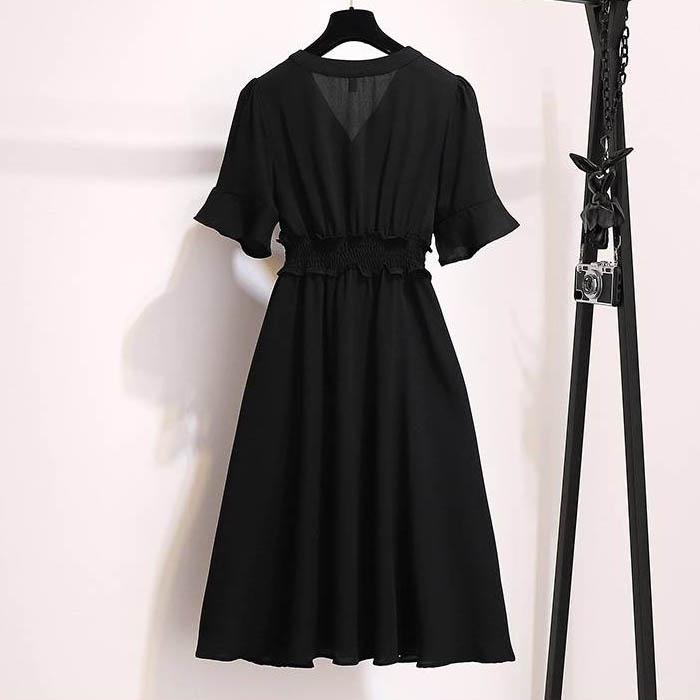 L-5XL Women V-neck Elastic Waist Red Dress Plus Size Slim Short-sleeved Long A-line Dress
