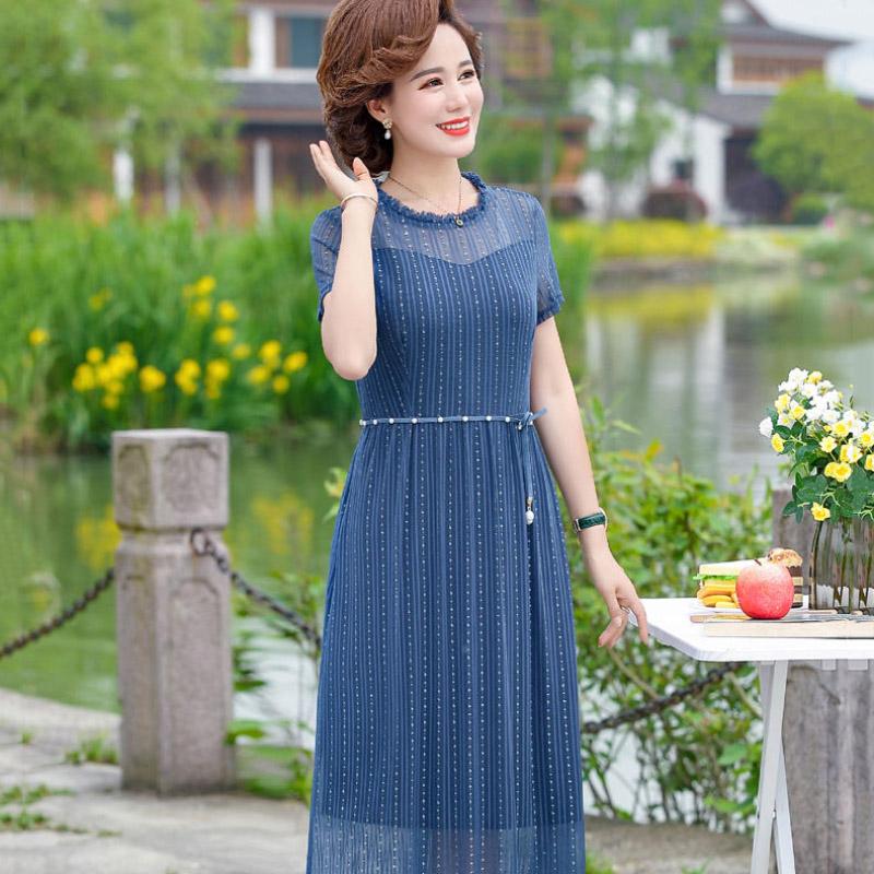 Women's Spring Summer Short-sleeved Dress Mesh Gauze Waist Thin Fake Two-piece Middle Skirt Pure Color Ladies Banquet Dress