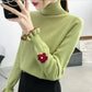 PofuLove Autumn and Winter Tops Pullover Turtleneck Sweater Outerwear Flower Embroidered Sweater