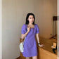 Chiffon Simple Waist A-line Dress French Retro Elegant Square Neck High Waist Summer Female Short Sleeve Purple Dress