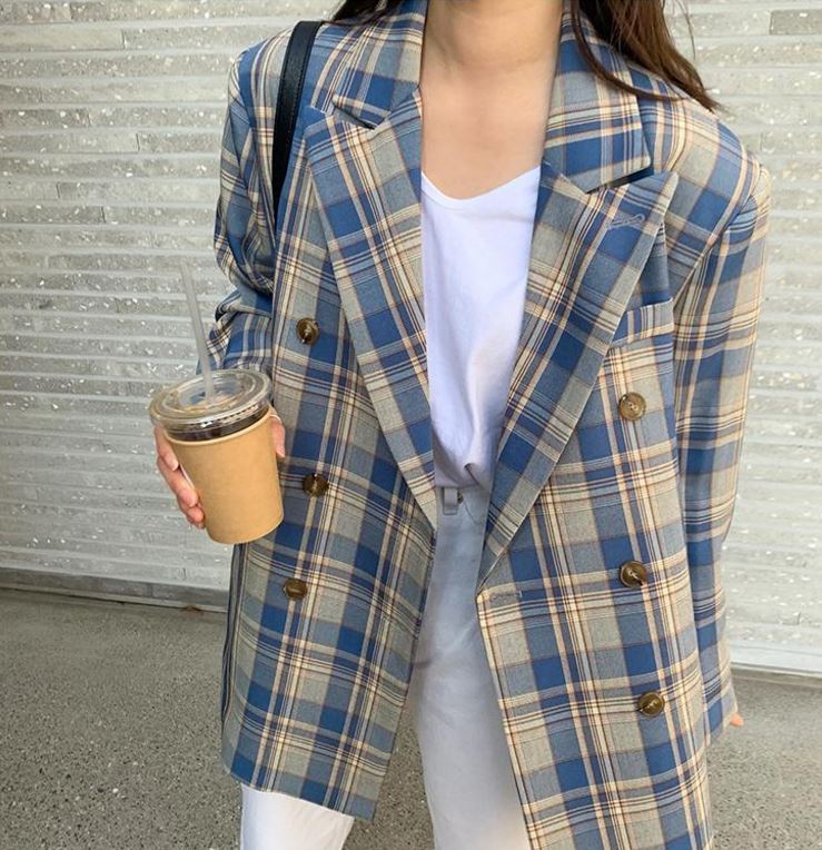 Vintage Loose Women Plaid BlazerAutumn Chic Double Breasted Female Long Sleeve Suit Jackets Stylish Ladies Blazer