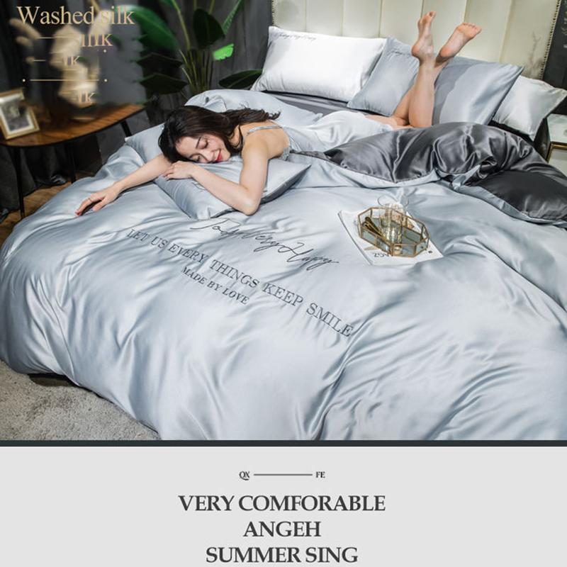 Silky Nude Sleeping Ice Silk Four-piece Set Pure Color Washed Silk Bed Sheet Duvet Cover Pillow Case Bedding