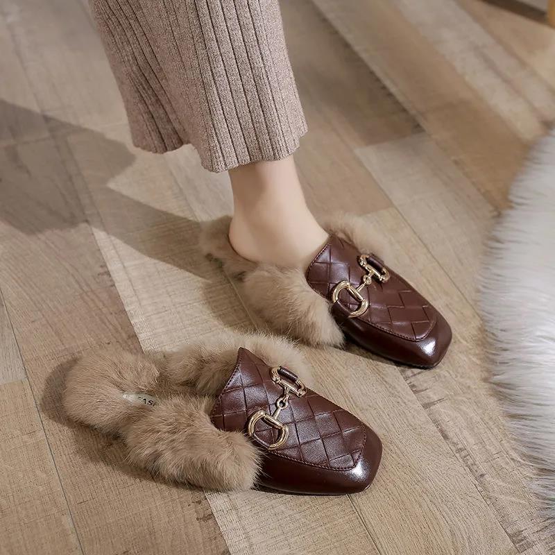 Women's Autumn and Winter Furry Fashion Cotton Slippers with Slippers Indoor and Outdoor Casual Flat Shoes Soft Shoes