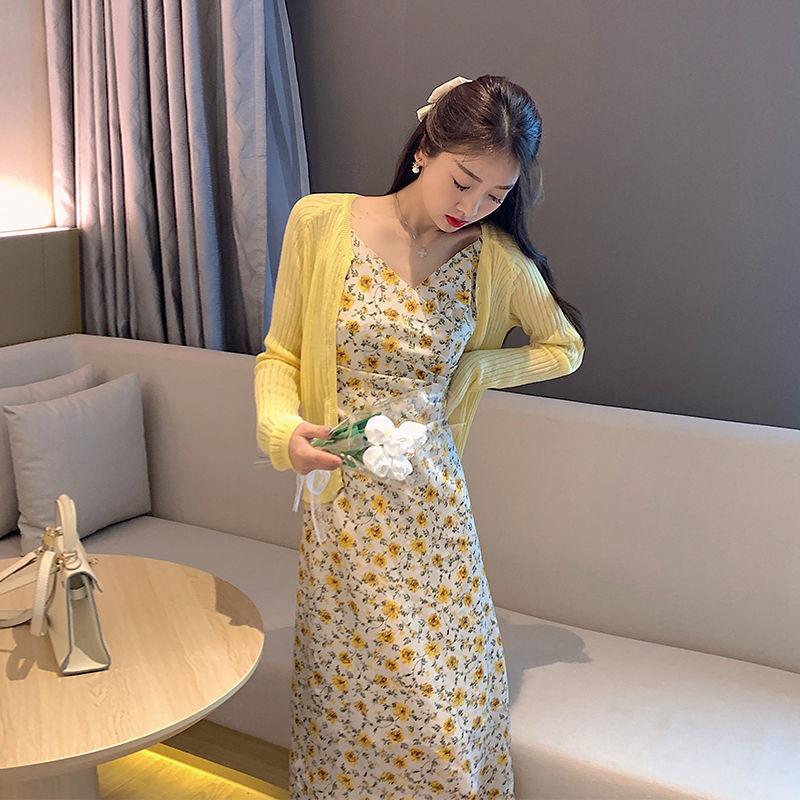 Female Spring Summer Small Fresh Simple Retro Elegant Gentle Slim Fairy Floral Suspender Dress