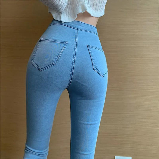 High-waist Buttocks and Cashmere Jeans Women's Spring Slim Slimming and High-bottomed Elastic Feet Pencil Pants Trend