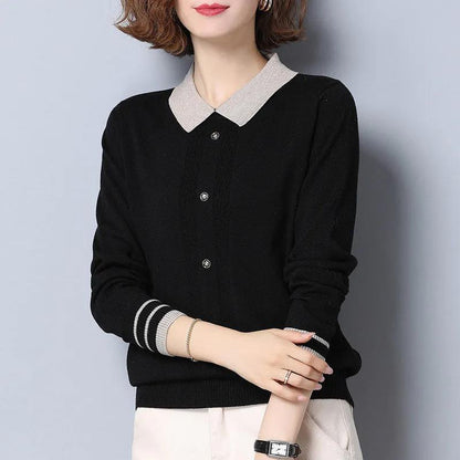 Women's Lapel Knit Sweater Fashion Button Solid Color Pullover Thickened Warm Plus Size Sweater